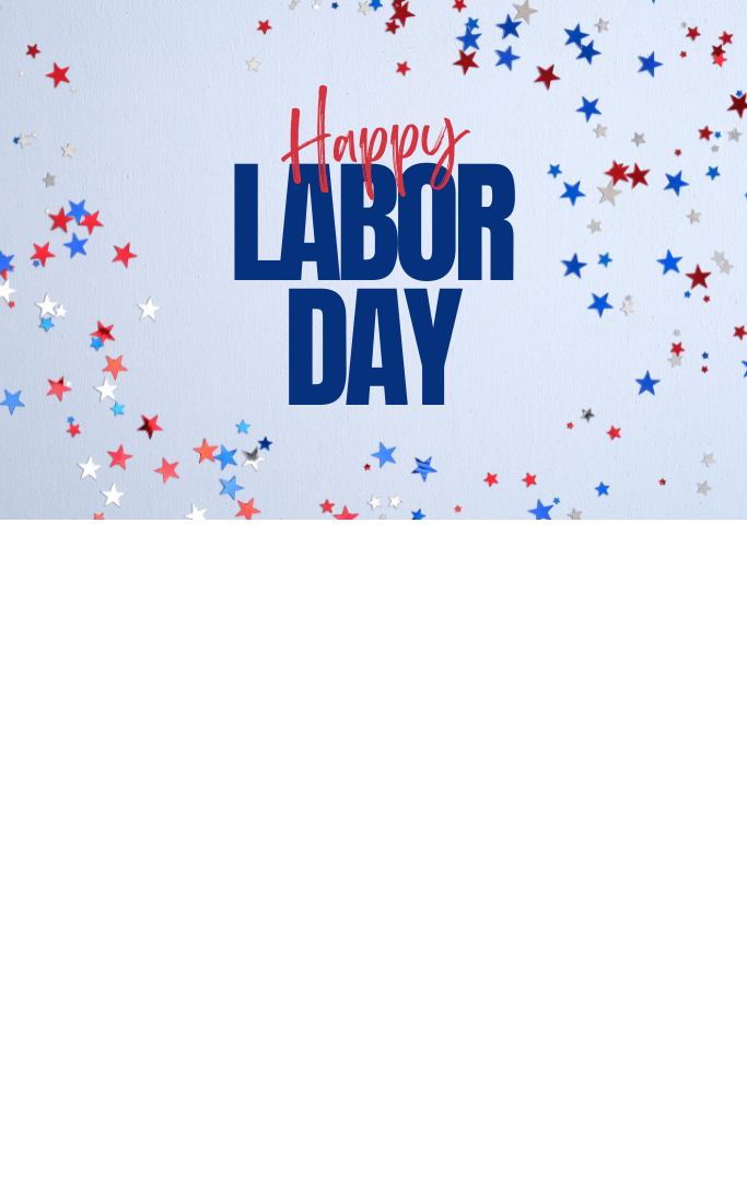Red and blue stars on light blue background. Text reads Happy Labor Day.
